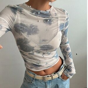 Women’s Blue Marble Sheer Long Sleeve Tee NWT